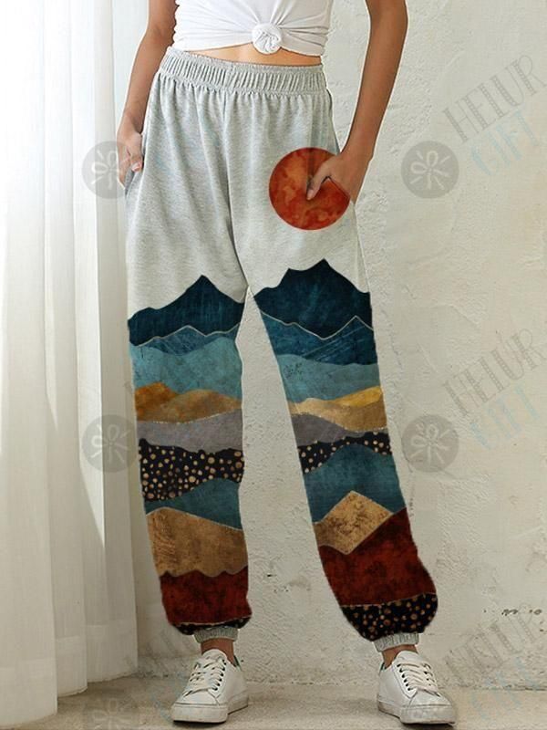 Women's Mountain Sun Print Pocket Elastic Waist Casual Pants
