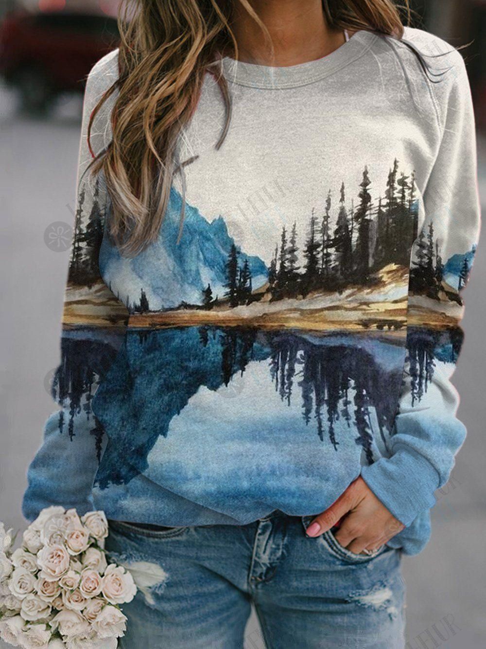 Women's Mountain Printed Round Neck Casual Sweatshirt