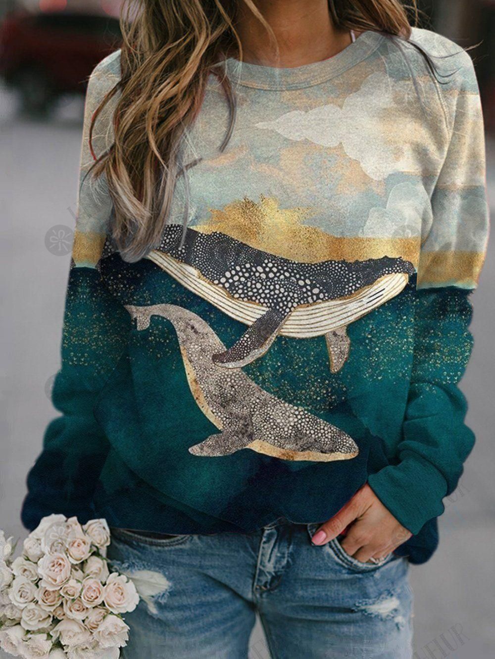 Women's Mountain Whale Printed Round Neck Casual Sweatshirt PAN3SS0021