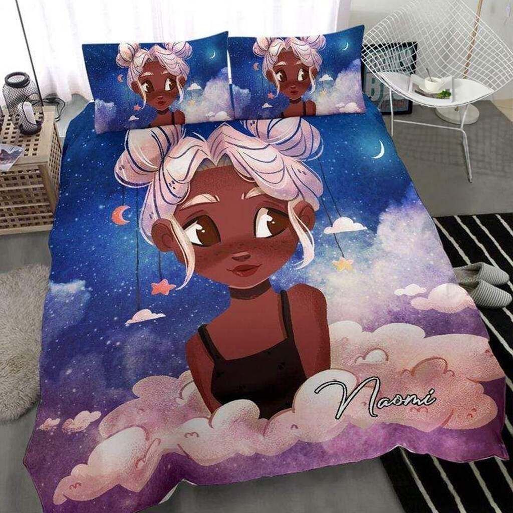 Personalized Black Girl Cloud Color Custom Name Duvet Cover Bedding Set