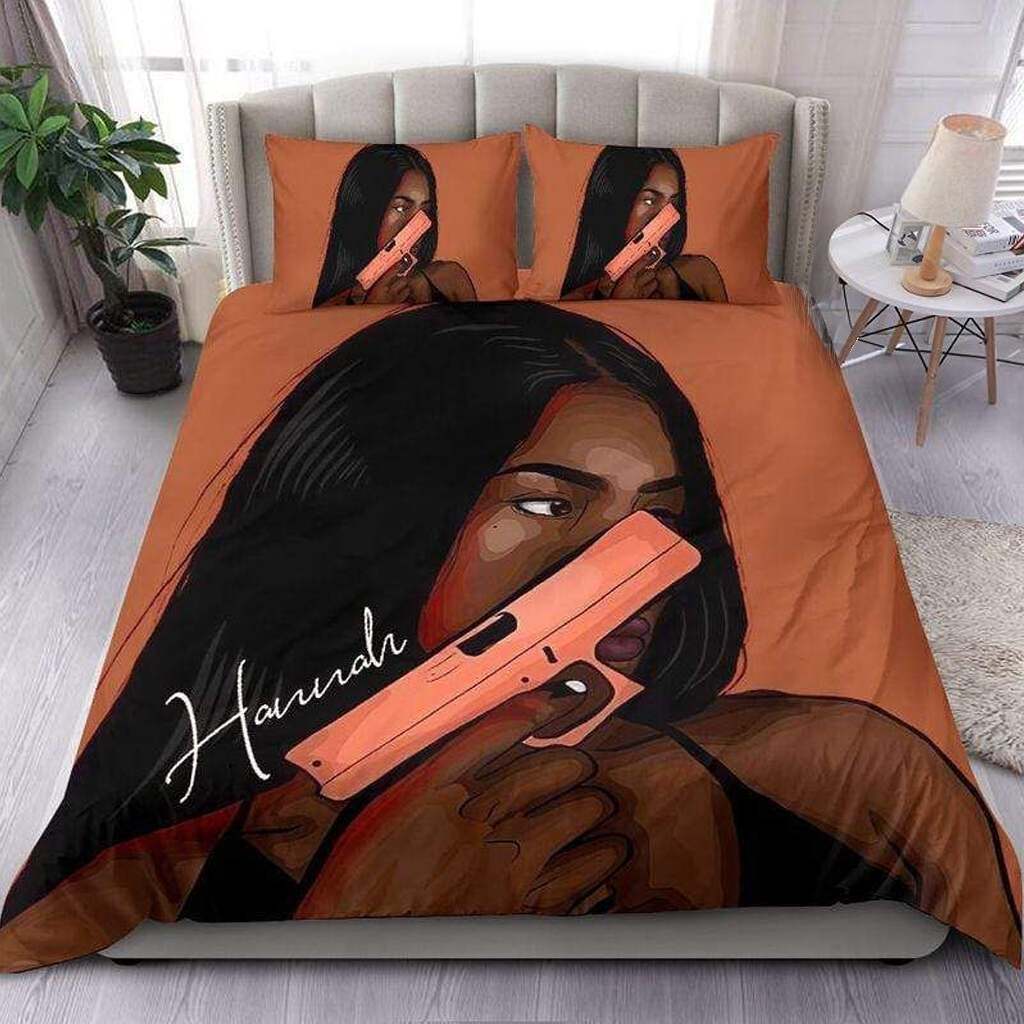 Personalized Cool Black Woman With Gun Custom Name Duvet Cover Bedding Set