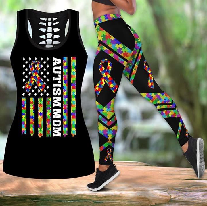 Colorful Autism Mom Mother's Day Gift Combo Hollow Tank Top And Legging