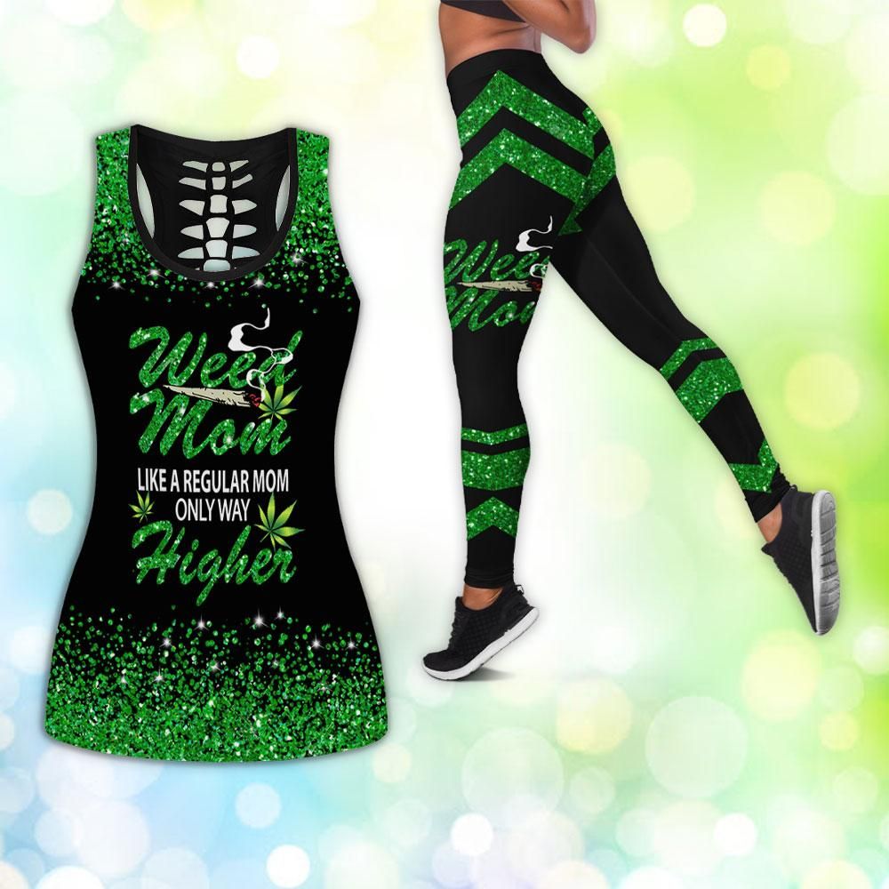 Cannabis Weed Mom Like A Regular Mom Only Way Higher Hollow Tank Top And Legging Set
