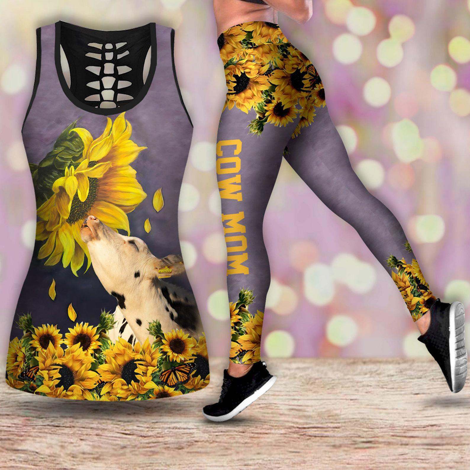 Sunflower Cow Mom Mother's Day Gift Hollow Tank Top And Legging Set
