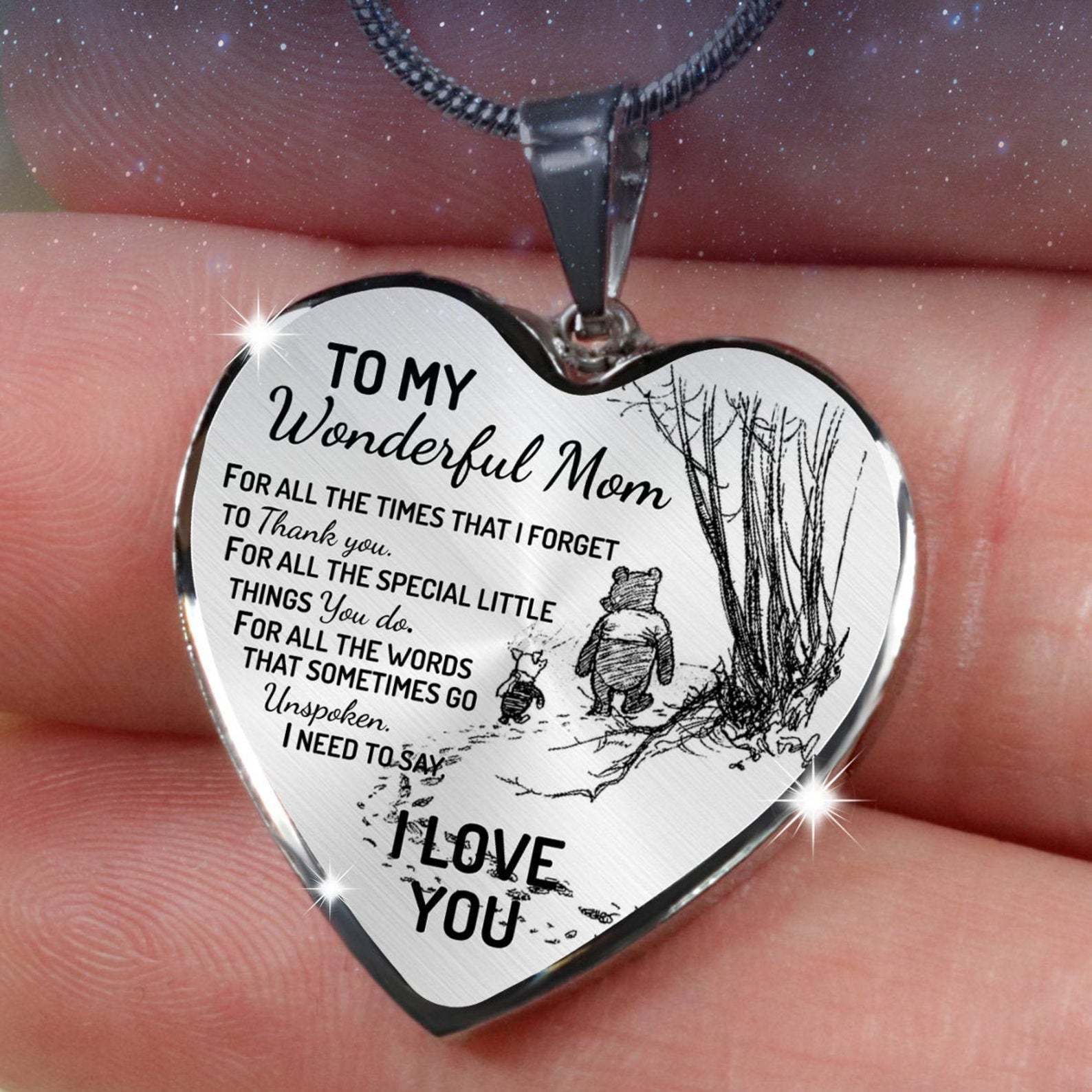To Wonderful Mom I Love You Pooh Mother's Day Gift Heart Pendant Necklace