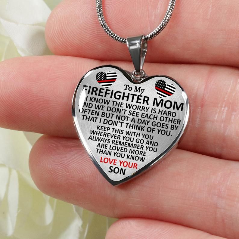 To My Firefighter Mom From Son Mother's Day Gift Heart Pendant Necklace