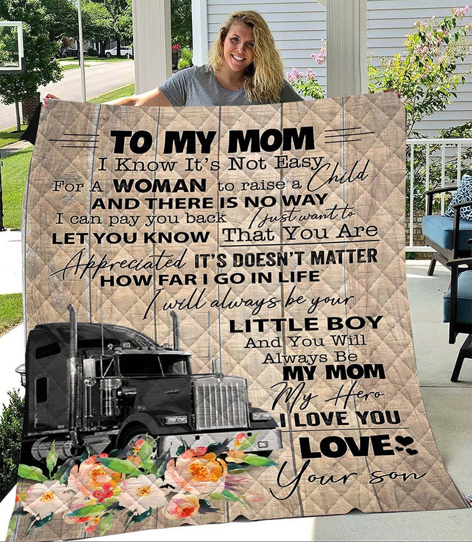 To My Mom Trucker Son Flower Mother's Day Gift Quilt