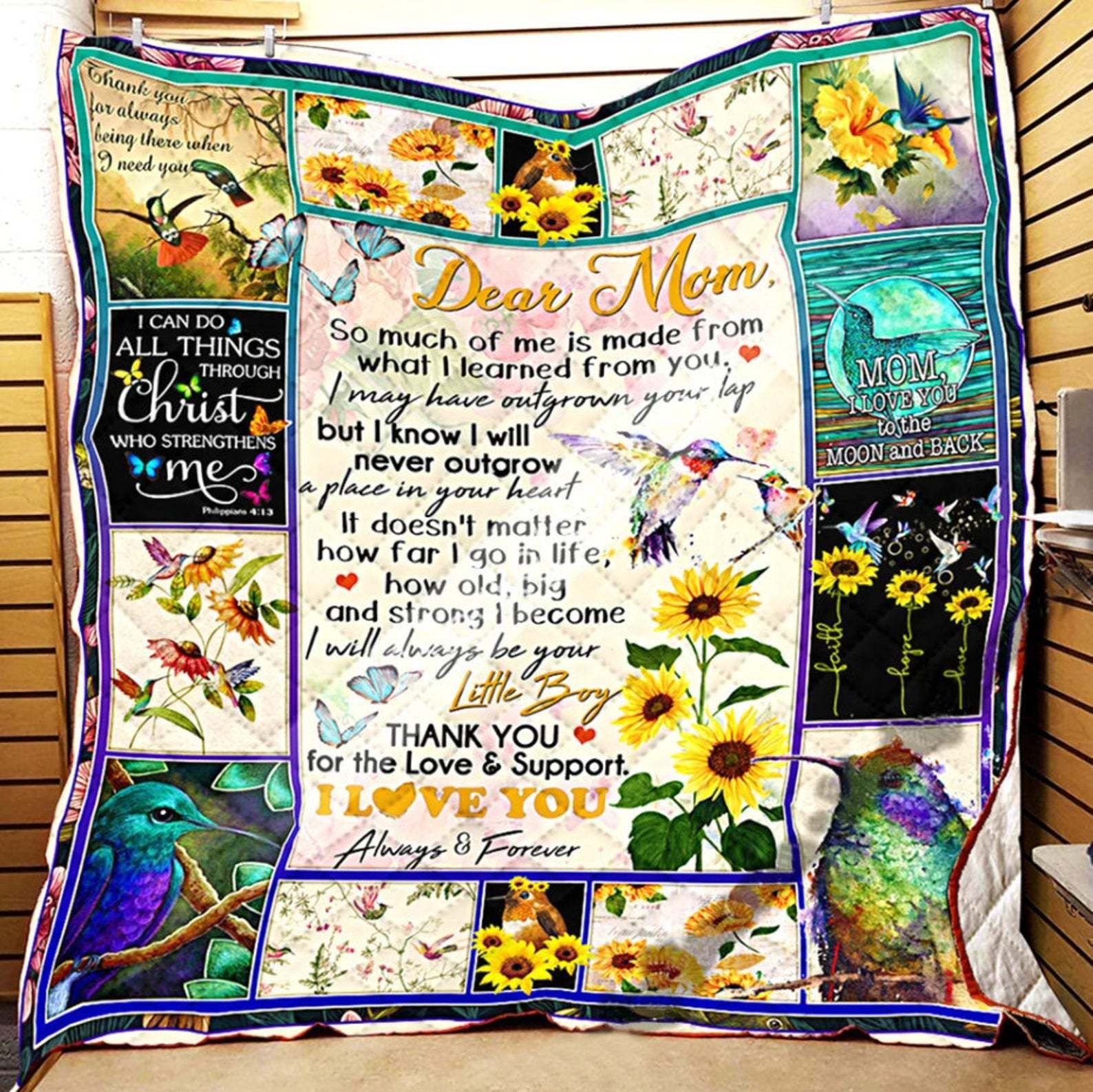 Dear Mom I Love You Sunflower Hummingbird Mother's Day Gift Quilt