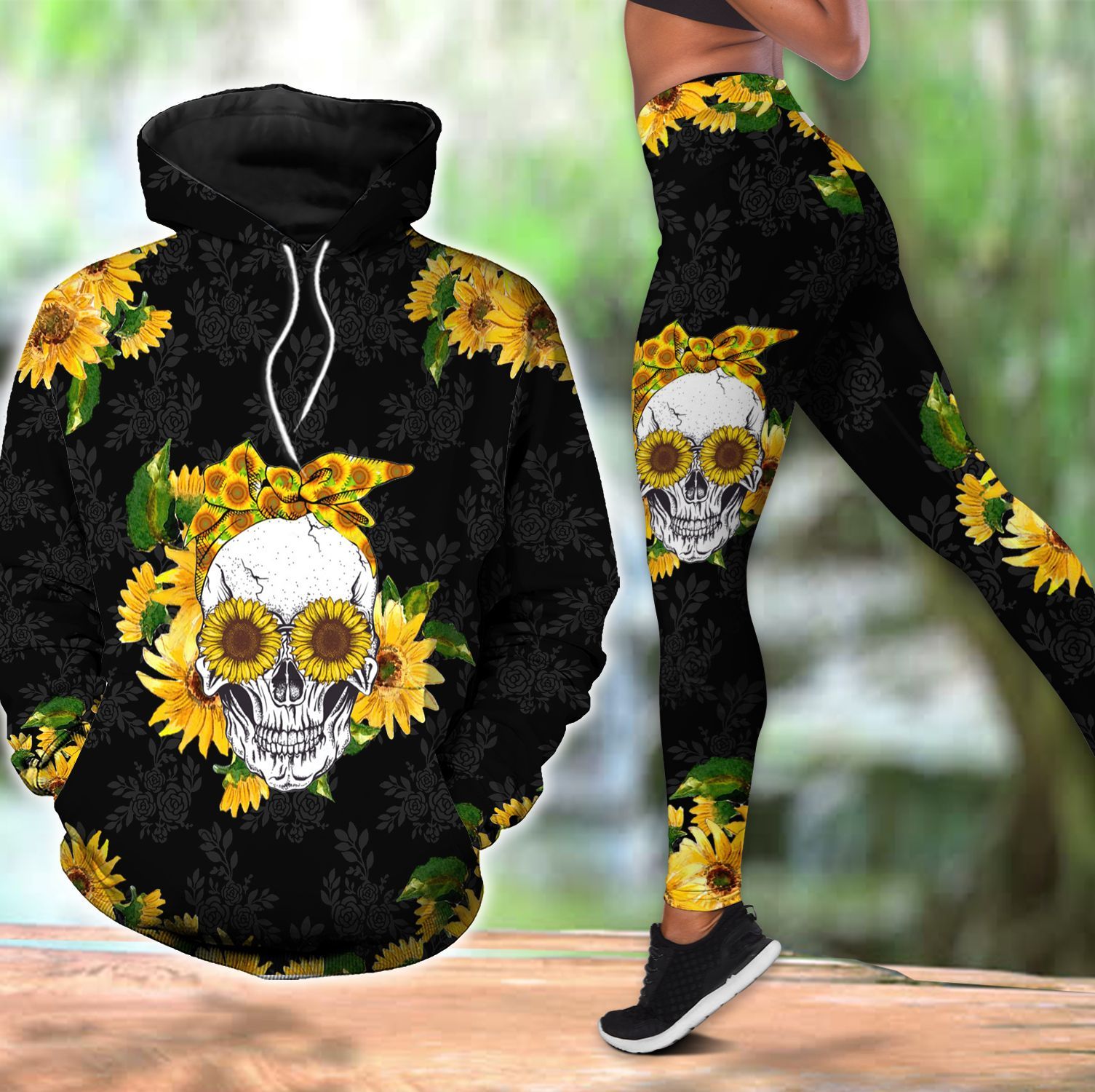 Sunflower Skull Hippie Girl Legging And Hoodie Set PAN3DSET0014