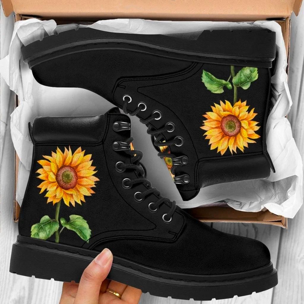 Sunflower Printed On Black Classic Boots Shoes PANCBO0013