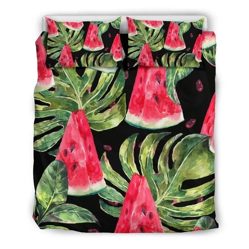 Black Palm Leaf Watermelon Pattern Print Duvet Cover Bedding Set
