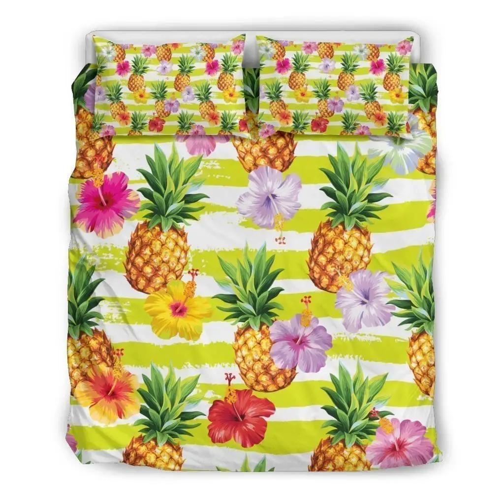 Yellow Striped Pineapple Pattern Print Duvet Cover Bedding Set