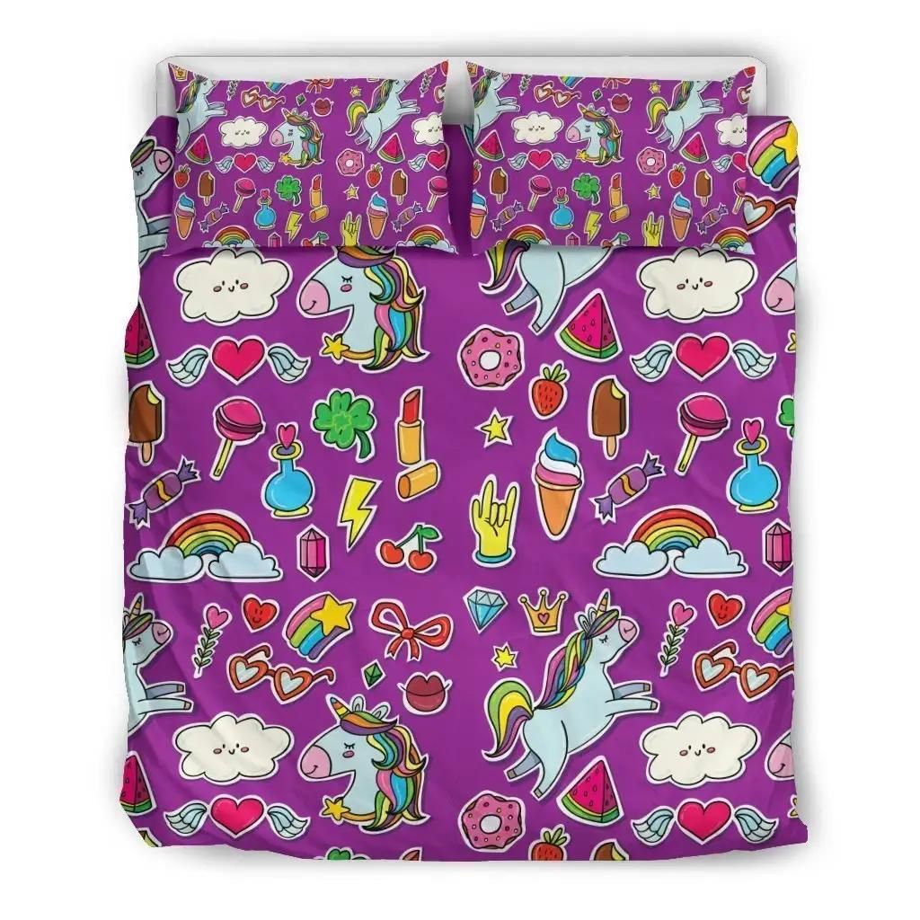 Purple Girly Unicorn Pattern Print Duvet Cover Bedding Set