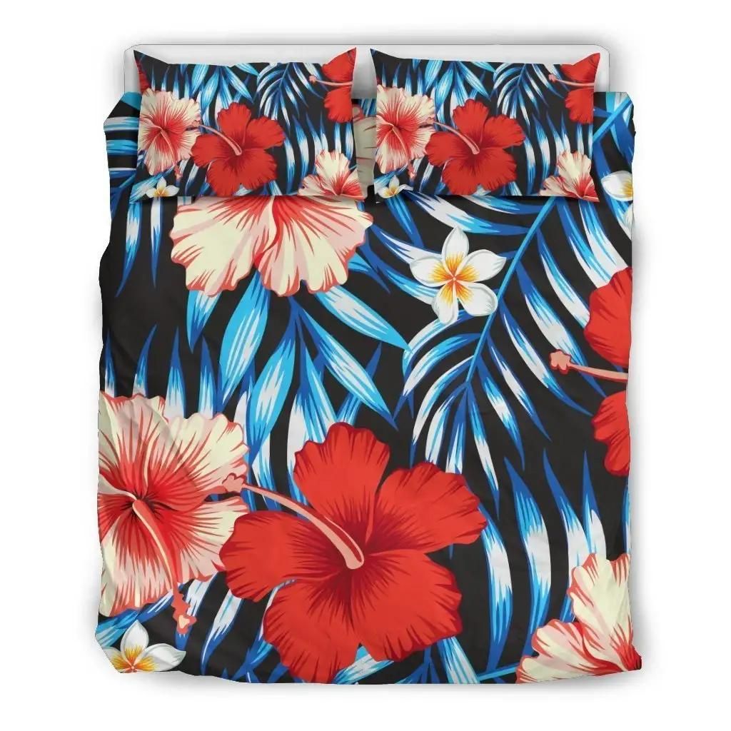 Turquoise Leaves Hibiscus Pattern Print Duvet Cover Bedding Set