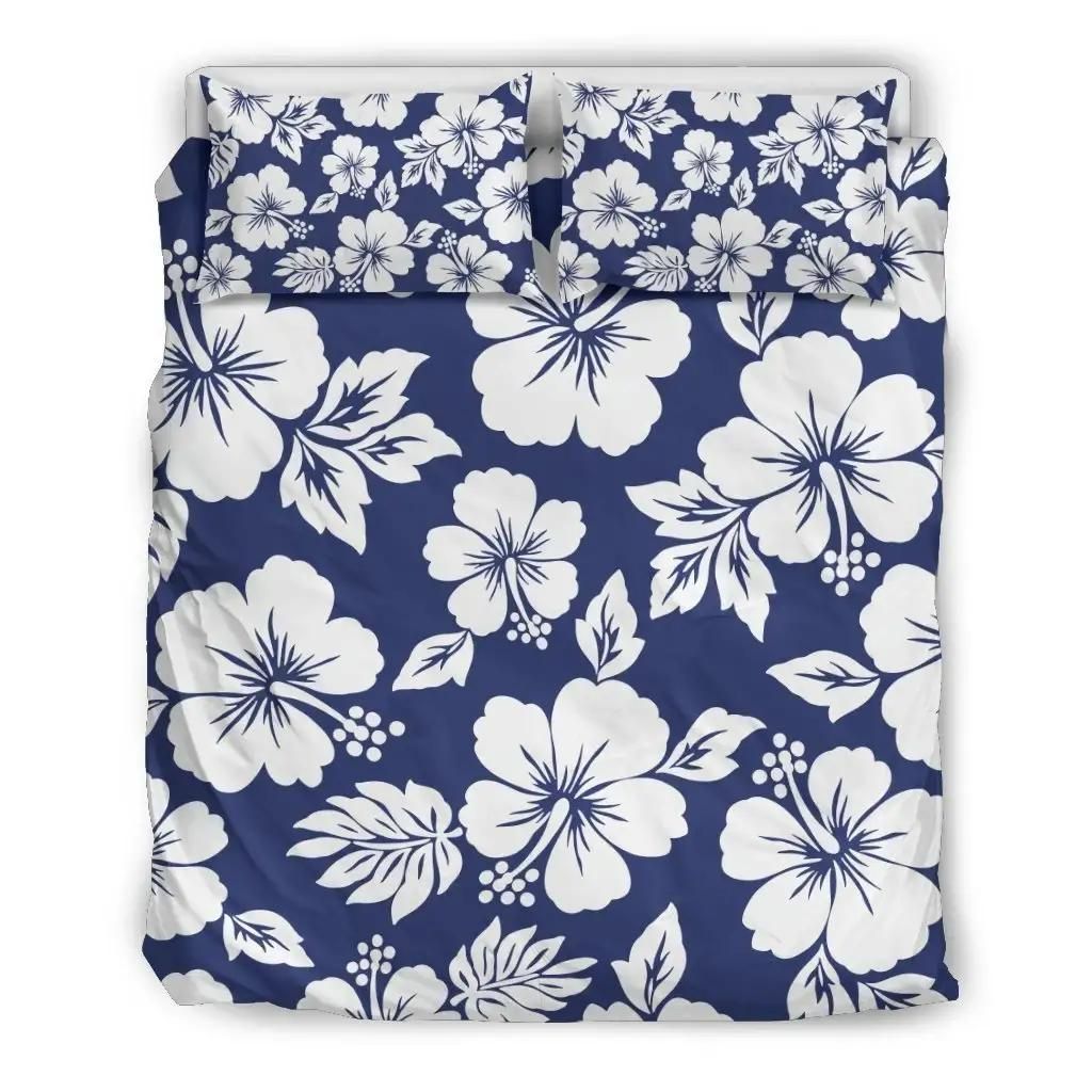 White Blue Hibiscus Floral Pattern Print Duvet Cover Bedding Set