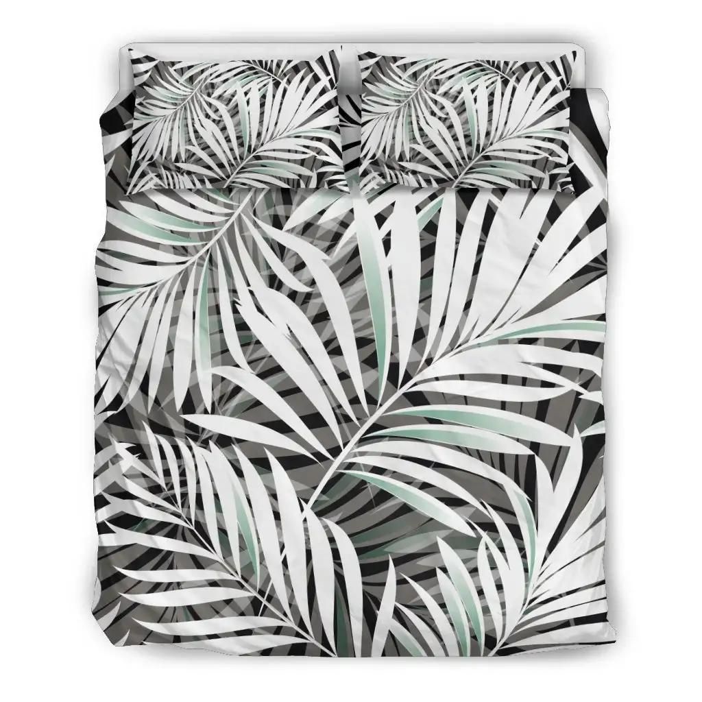 Black White Tropical Leaf Pattern Print Duvet Cover Bedding Set