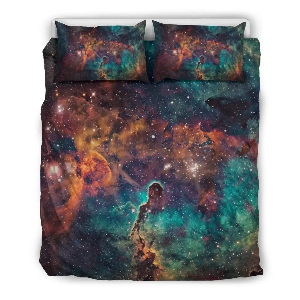 Teal Orange Universe Galaxy Space Print Duvet Cover Bedding Set