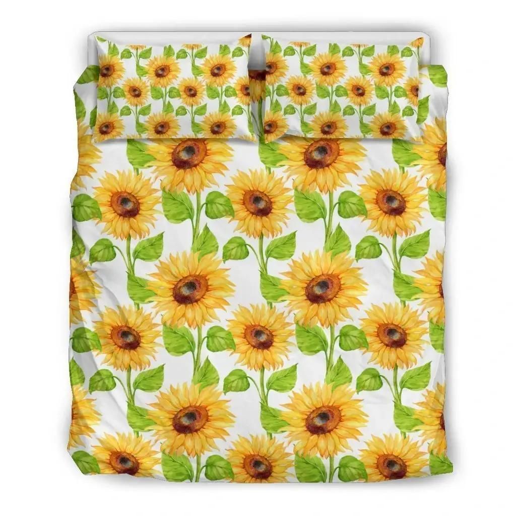 White Watercolor Sunflower Pattern Print Duvet Cover Bedding Set