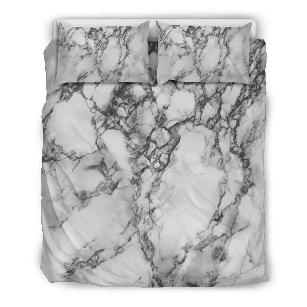 White Dark Grey Marble Print Duvet Cover Bedding Set
