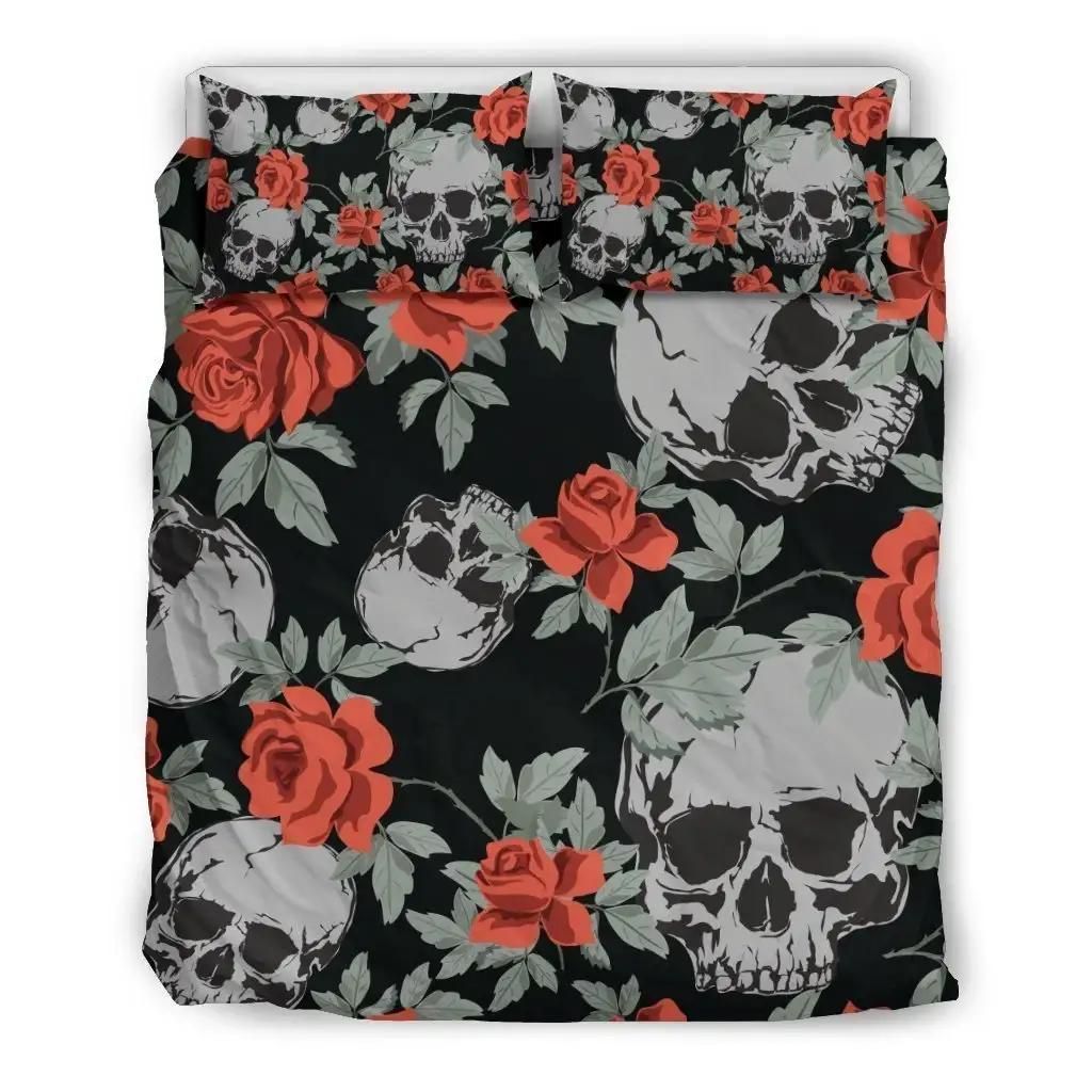 Red Rose Grey Skull Pattern Print Duvet Cover Bedding Set