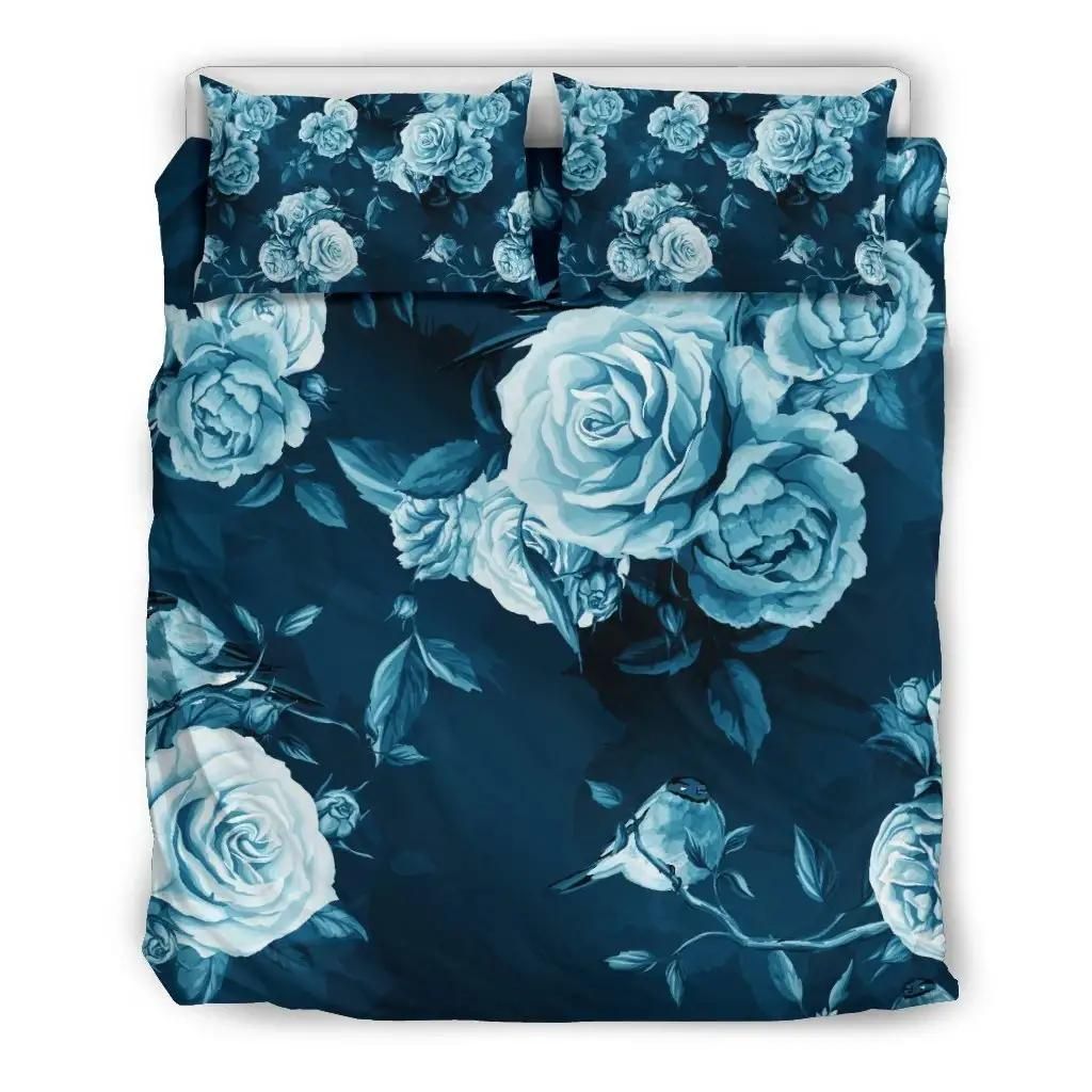 Blue Rose Floral Flower Pattern Print Duvet Cover Bedding Set