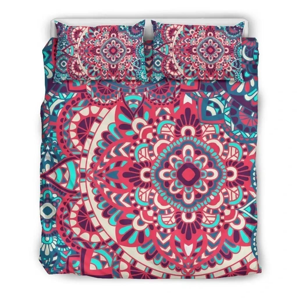 Pink Teal Bohemian Mandala Pattern Print Duvet Cover Bedding Set