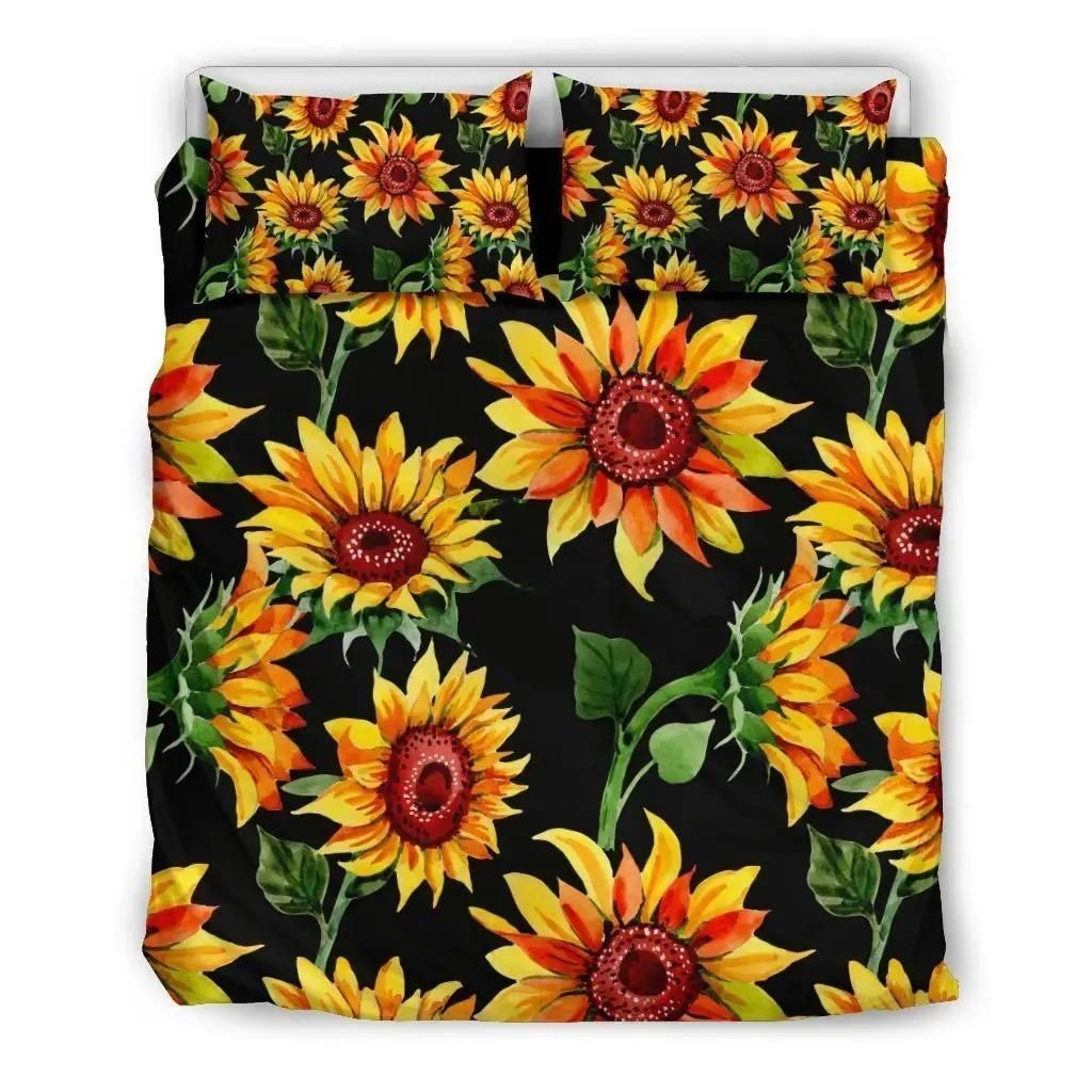 Black Autumn Sunflower Pattern Print Duvet Cover Bedding Set