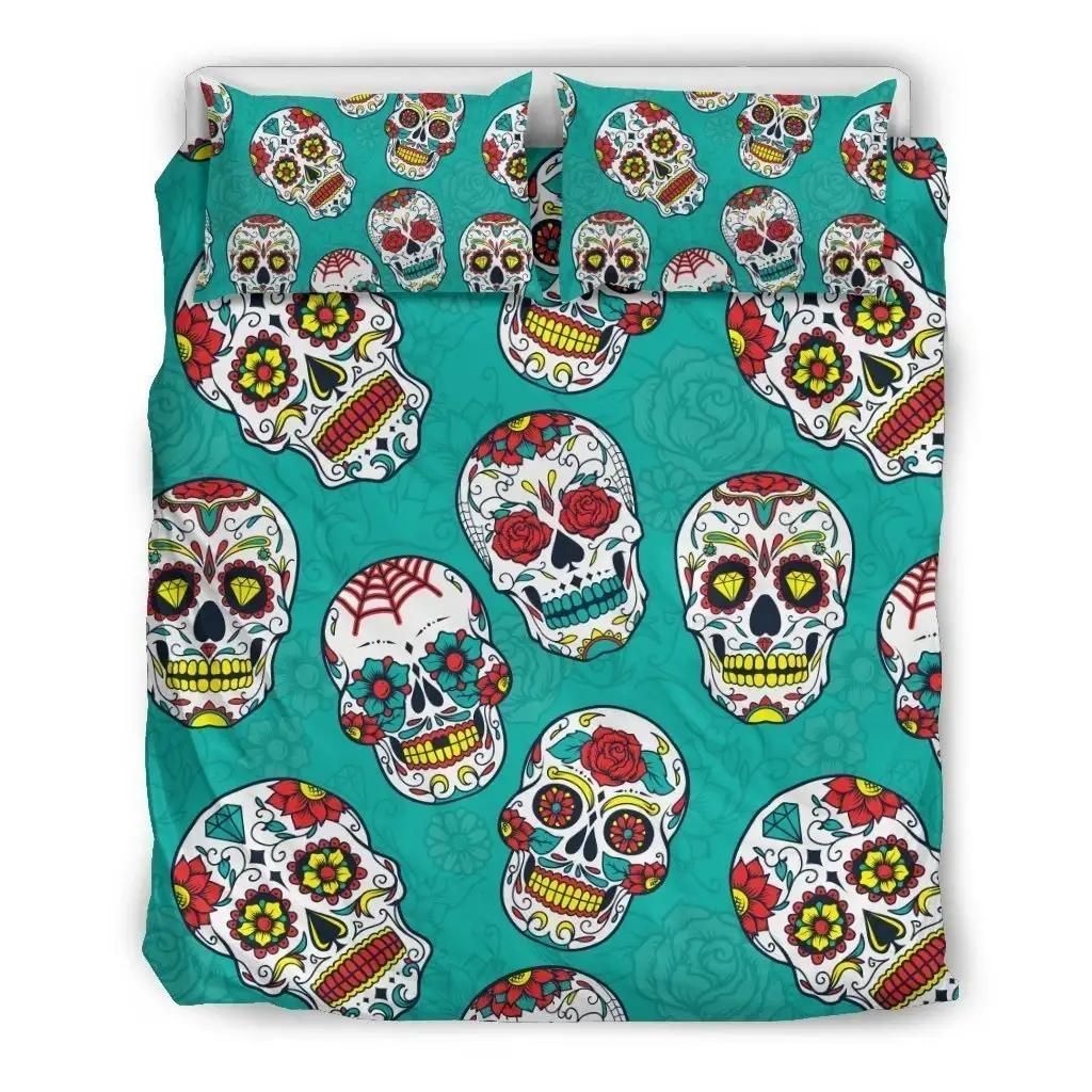 Teal Sugar Skull Pattern Print Duvet Cover Bedding Set