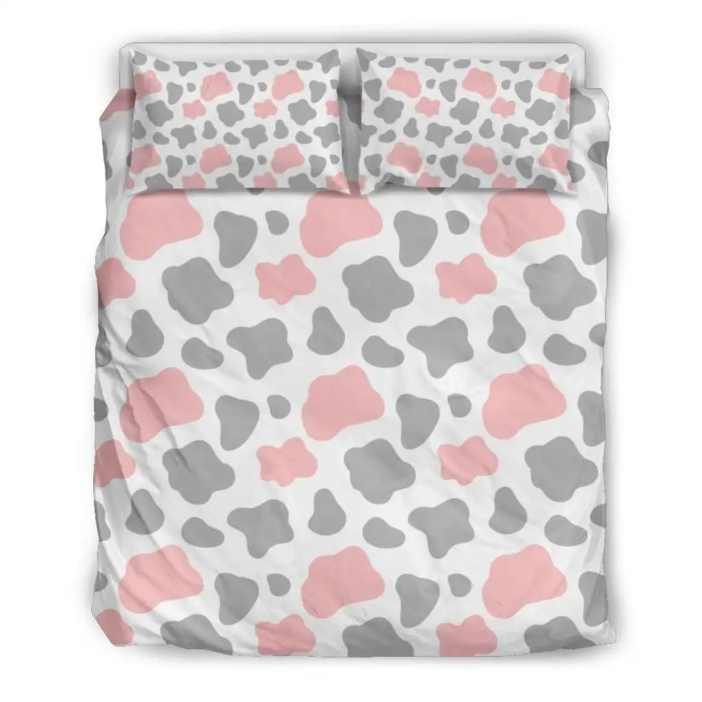 Pink Grey And White Cow Print Duvet Cover Bedding Set