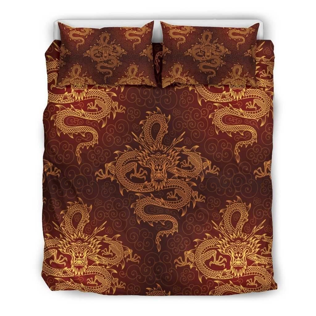 Gold Chinese Dragon Pattern Print Duvet Cover Bedding Set
