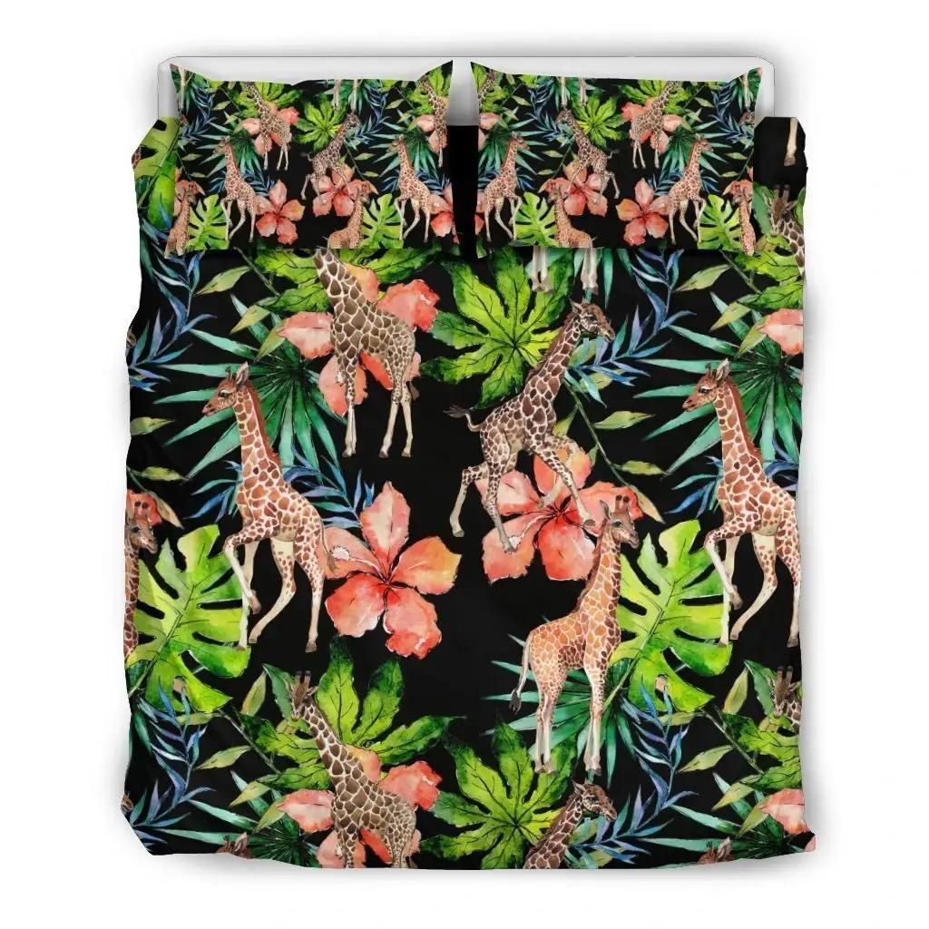 Black Tropical Giraffe Pattern Print Duvet Cover Bedding Set