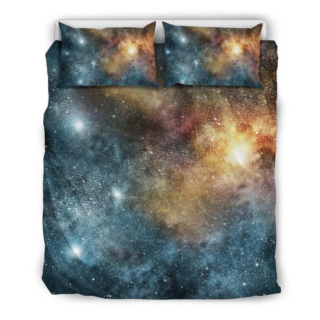 Blue Orange Stardust Galaxy Space Print Duvet Cover Bedding Set