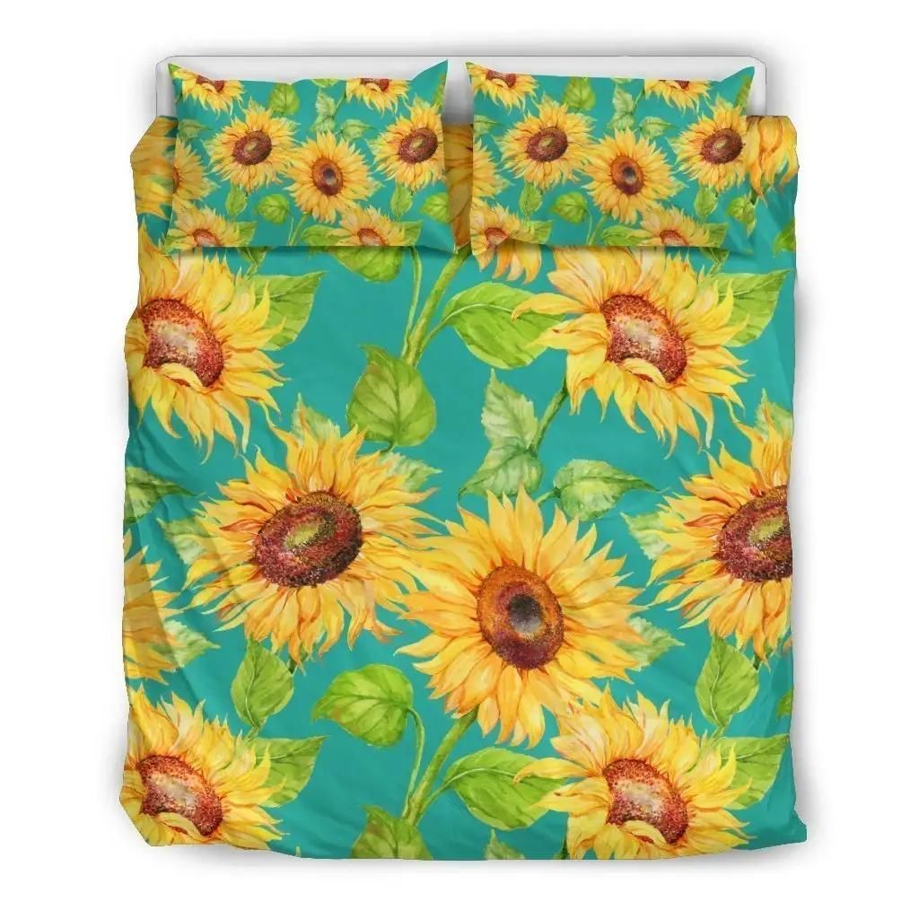 Teal Watercolor Sunflower Pattern Print Duvet Cover Bedding Set