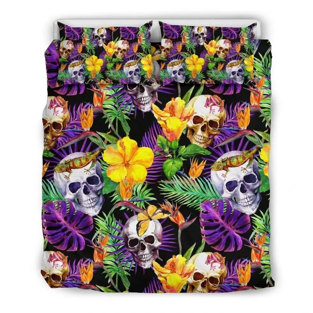 Purple Tropical Skull Pattern Print Duvet Cover Bedding Set
