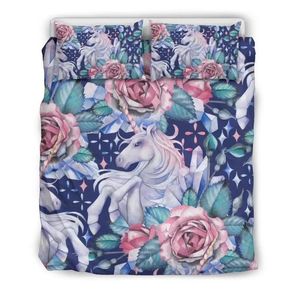 Blue Fairy Rose Unicorn Pattern Print Duvet Cover Bedding Set