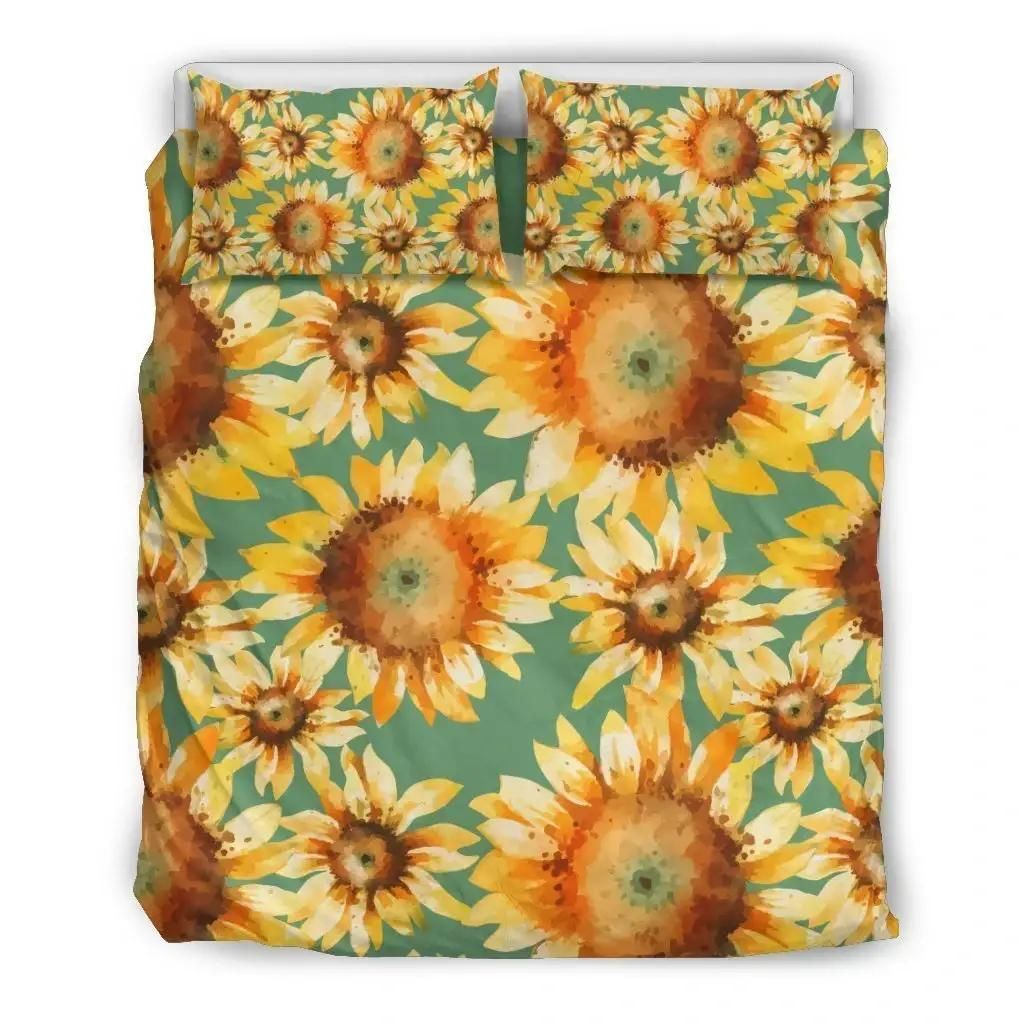 Sage Watercolor Sunflower Pattern Print Duvet Cover Bedding Set