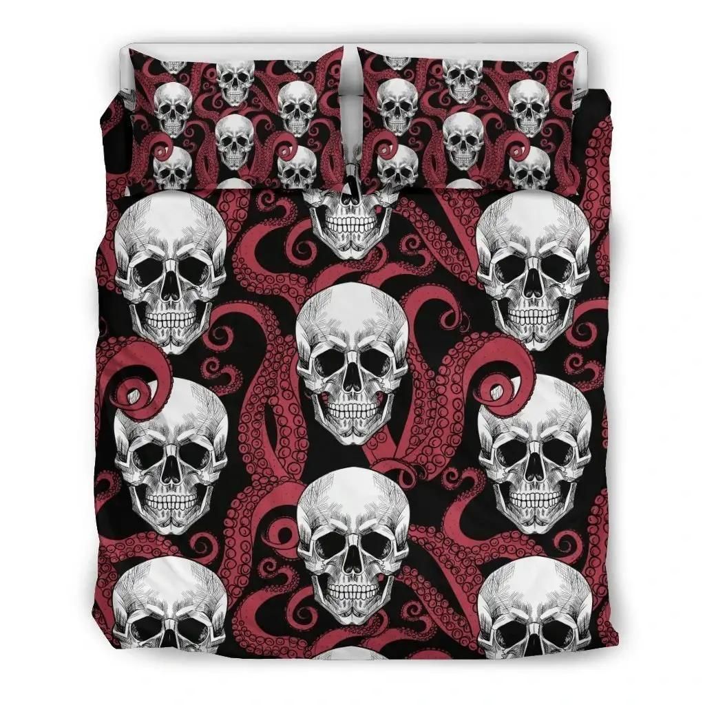 Red Octopus Skull Pattern Print Duvet Cover Bedding Set