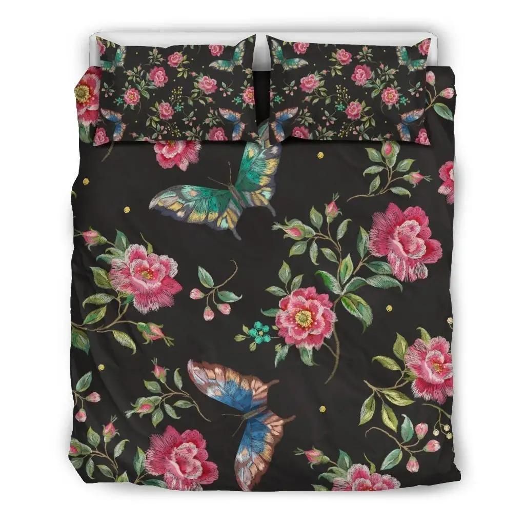 Butterfly And Flower Pattern Print Duvet Cover Bedding Set