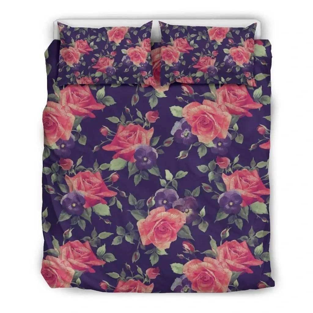 Rose Pansy Floral Flower Pattern Print Duvet Cover Bedding Set