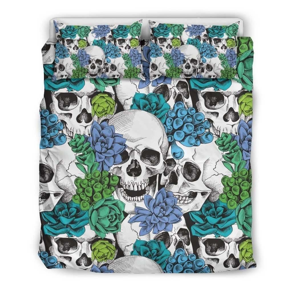 Green Blue Flowers Skull Pattern Print Duvet Cover Bedding Set