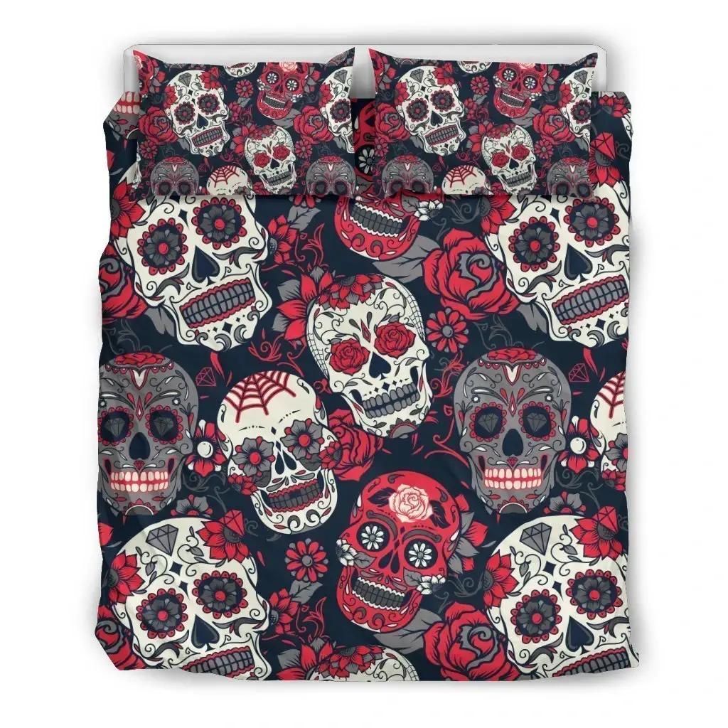 White Red Sugar Skull Pattern Print Duvet Cover Bedding Set