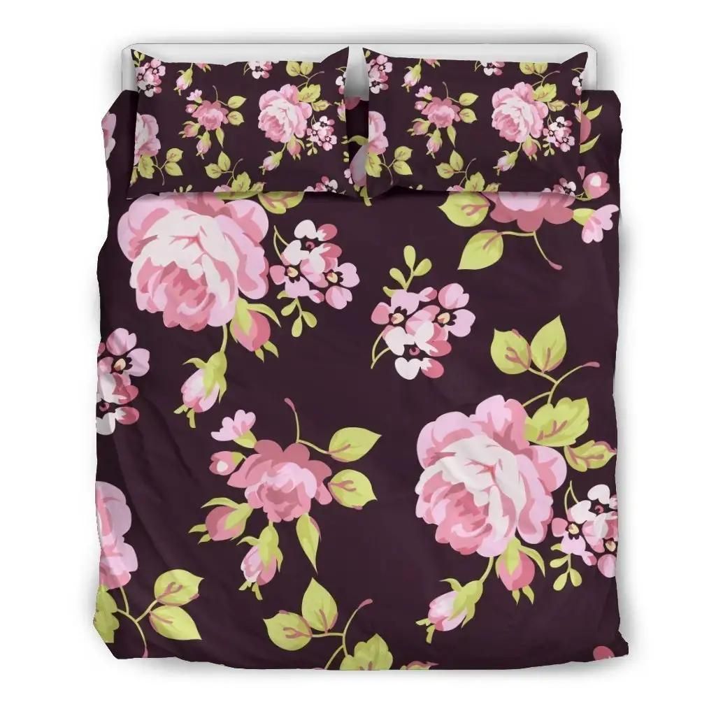 Vintage Pink Rose Floral Pattern Print Duvet Cover Bedding Set