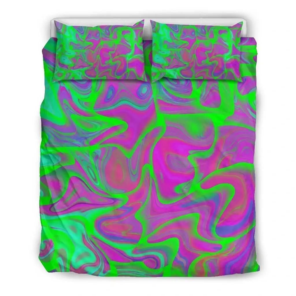 Neon Green Pink Psychedelic Trippy Print Duvet Cover Bedding Set