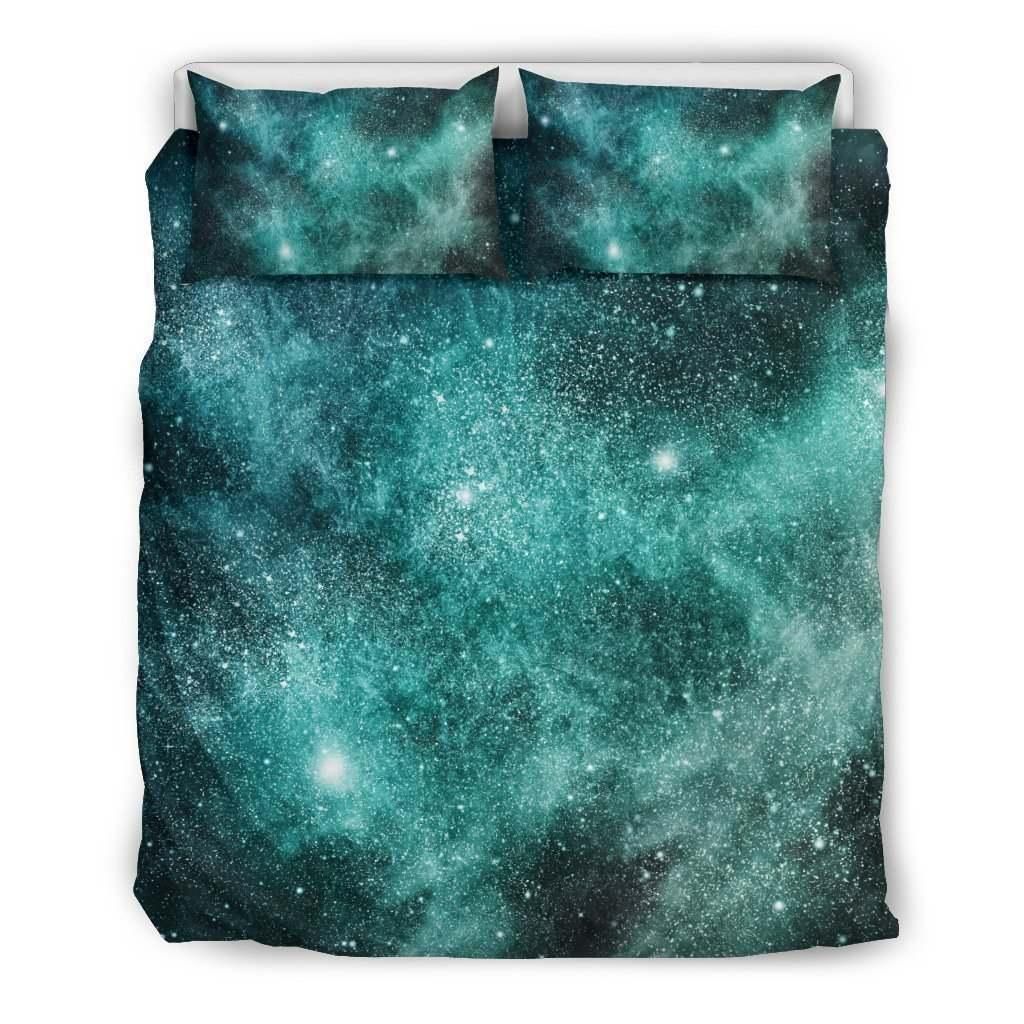 Teal Stardust Galaxy Space Print Duvet Cover Bedding Set