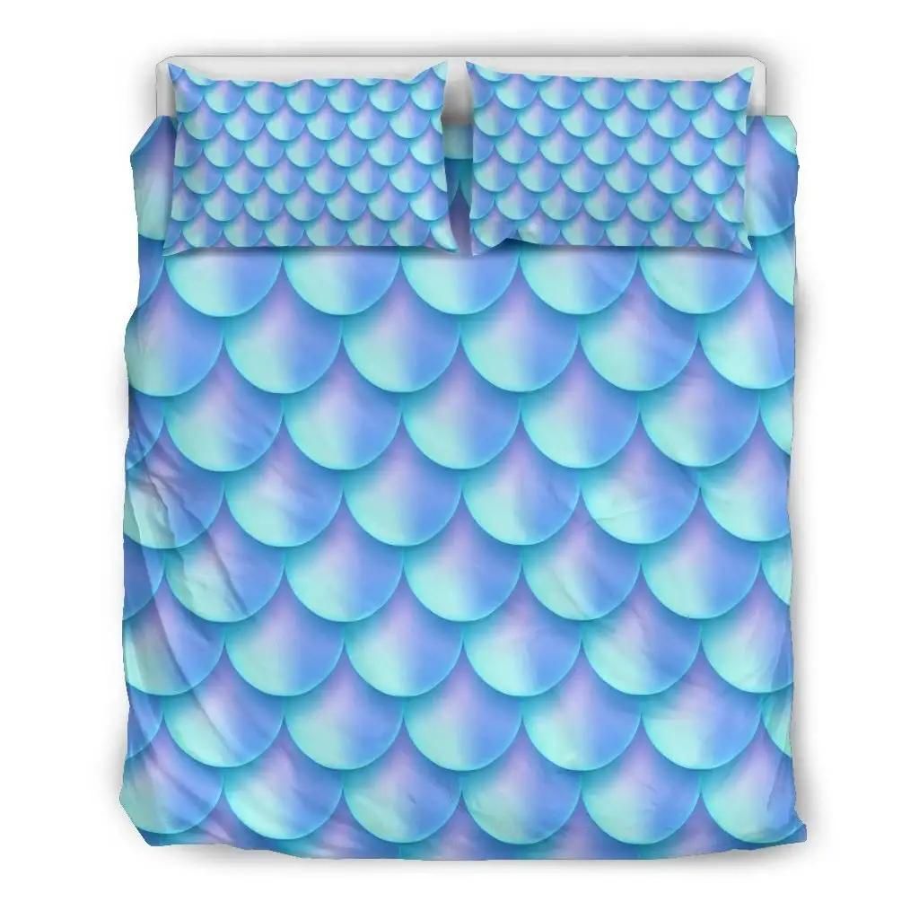 Blue Neon Mermaid Scales Pattern Print Duvet Cover Bedding Set