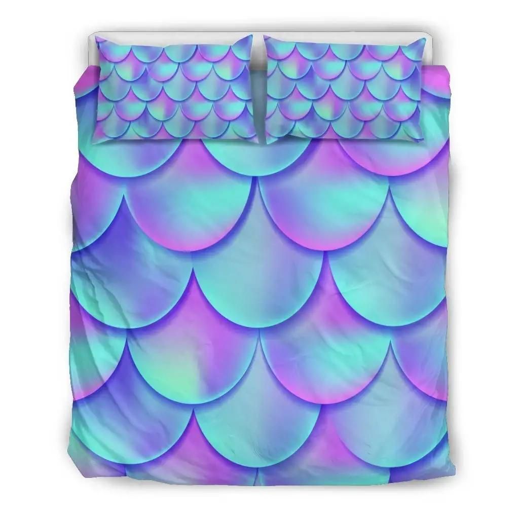 Teal Purple Mermaid Scales Pattern Print Duvet Cover Bedding Set