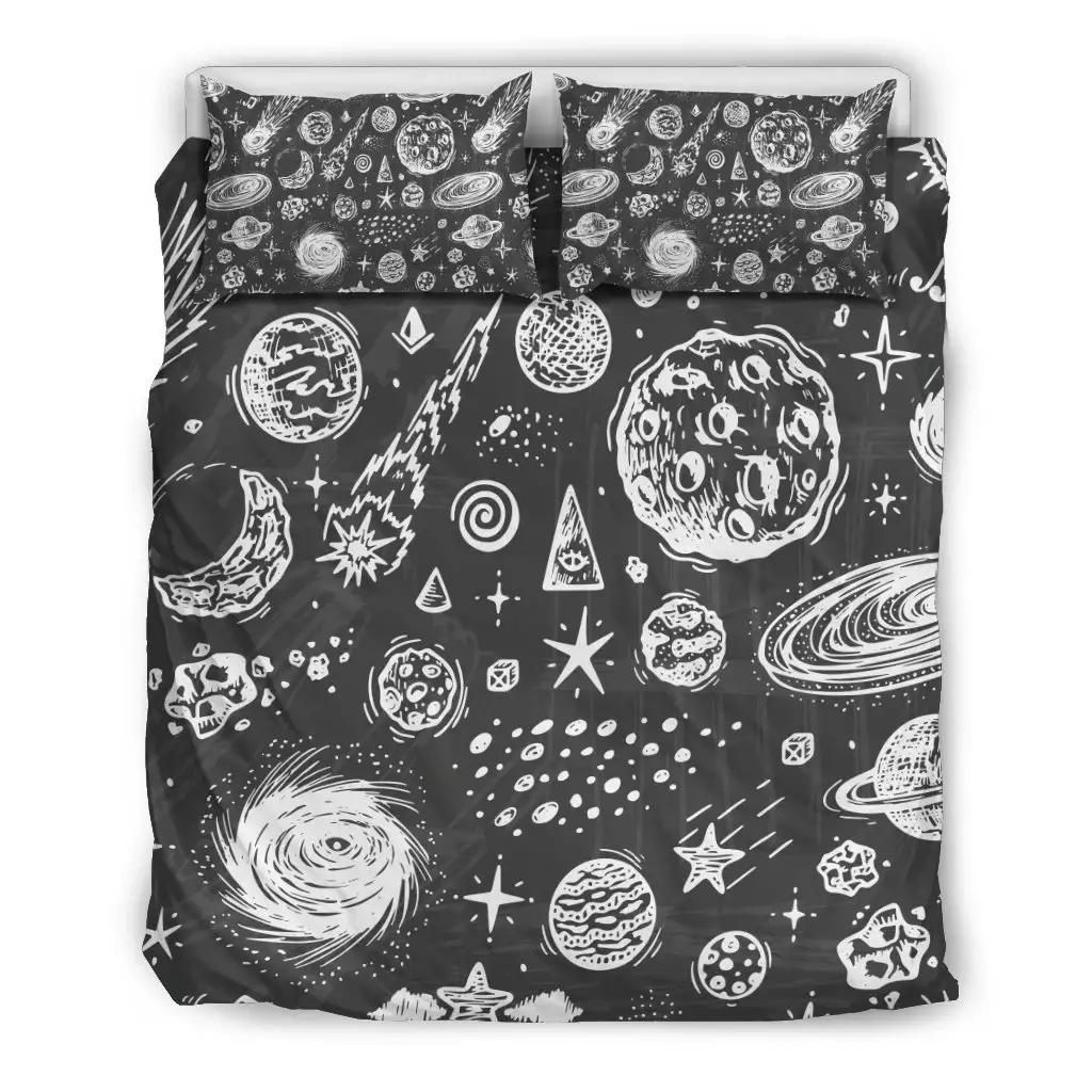 Black White Galaxy Outer Space Print Duvet Cover Bedding Set
