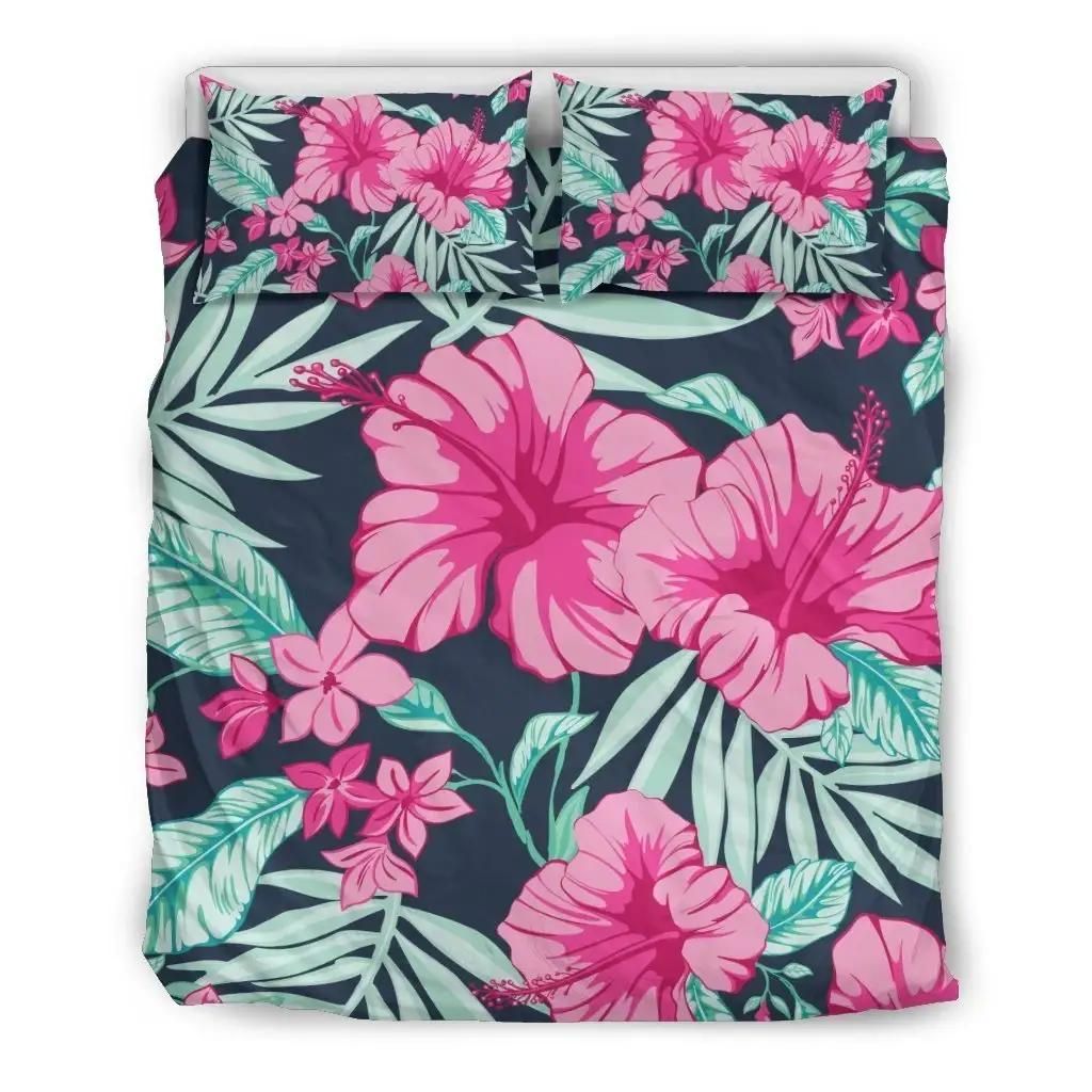 Pink Hibiscus Tropical Pattern Print Duvet Cover Bedding Set
