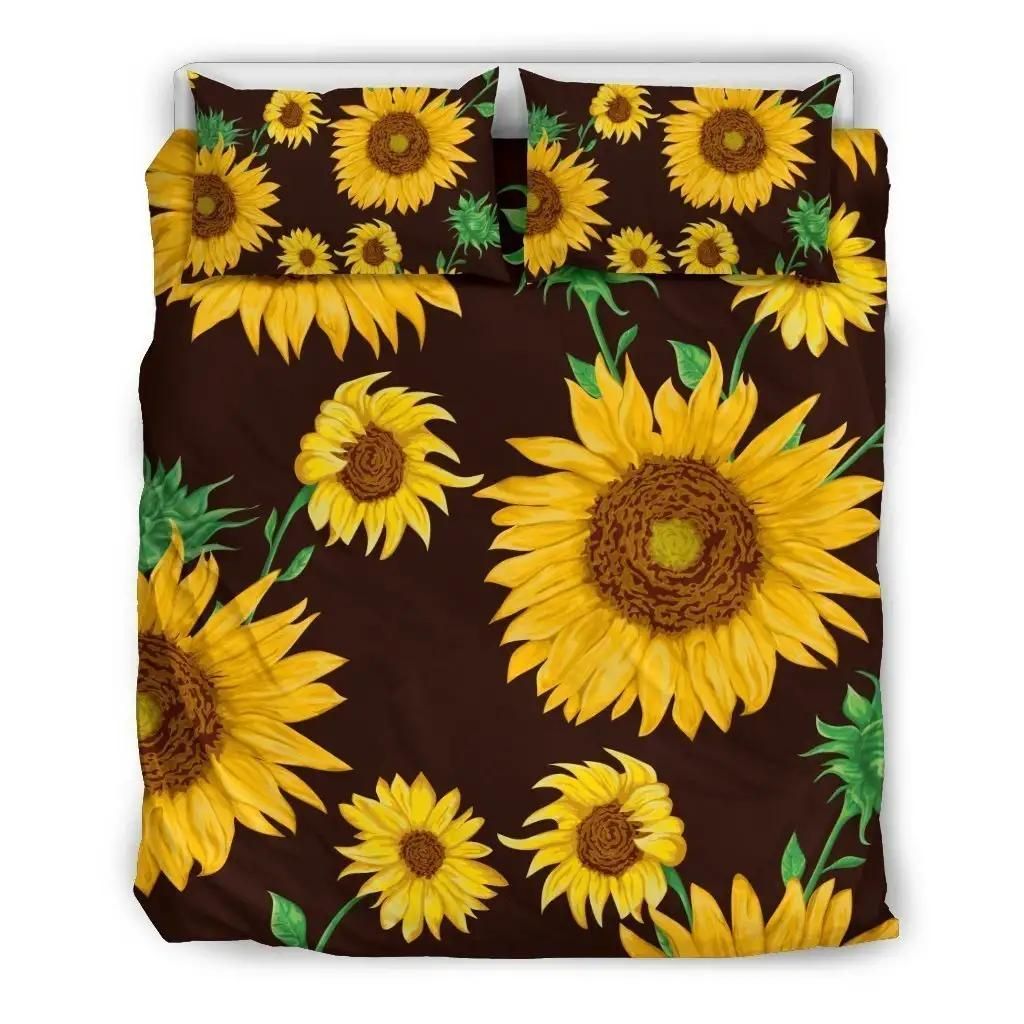 Brown Sunflower Pattern Print Duvet Cover Bedding Set