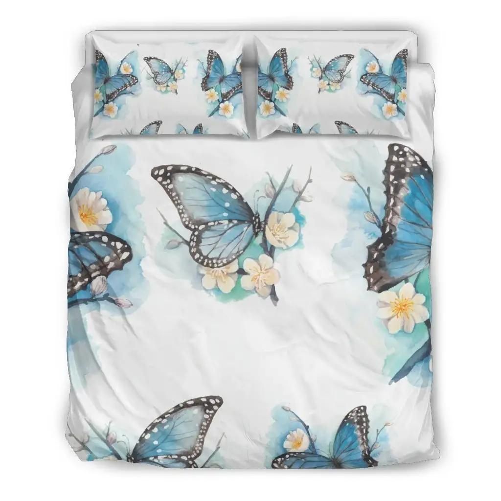 Blossom Blue Butterfly Pattern Print Duvet Cover Bedding Set